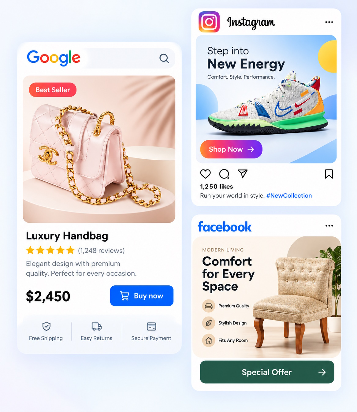 Exemples de présentation de produits sur Google, Instagram et Facebook